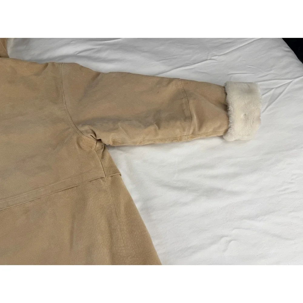 Vintage Marvin Richards Shearling Suede Leather Hooded Coat Womens L Tan